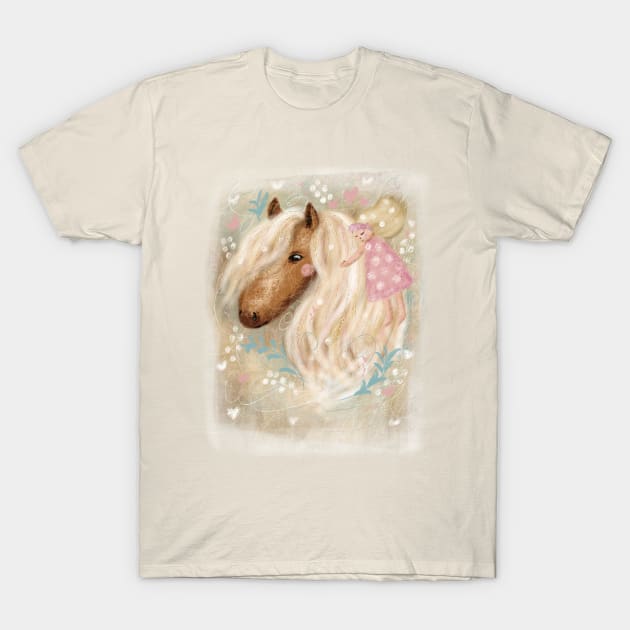 Cute dreaming romantic horse with flowers and a little girl. T-Shirt by Olena Tyshchenko